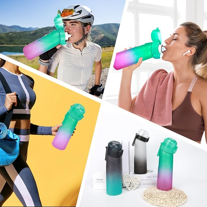 Water Bottle with Flavor Pods 21.9 Oz/650ml Fruit Fragrance Water Bottle Recyclable Sports Air Water Cup Scented Pods for Outdoor (Green Purple)