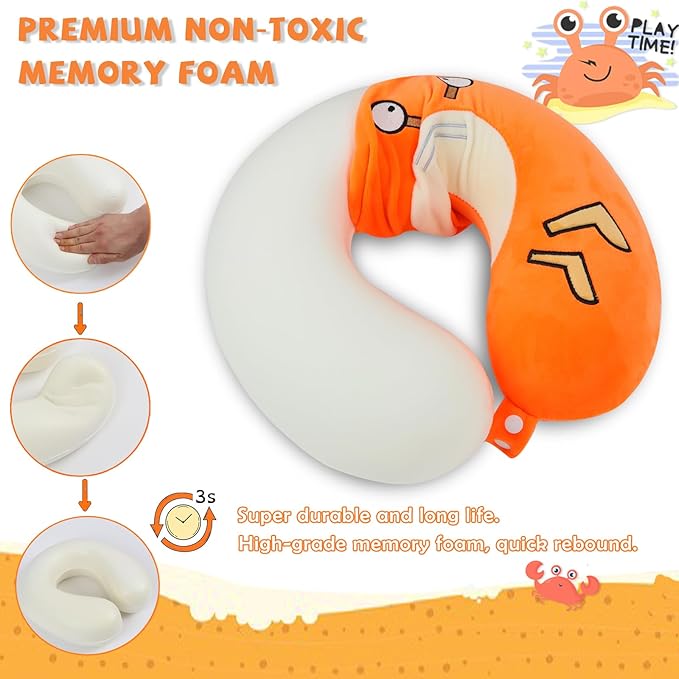 Travel Pillow, Kids Travel Pillow with Sleep Eye Mask, Soft Memory Foam Kids Neck Pillow for Boys & Girls, Travel Accessories for Car Airplane Traveling - Funny Crab