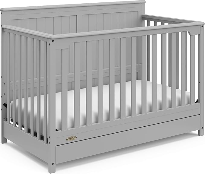 Graco Hadley 5-in-1 Convertible Crib with Drawer (Pebble Gray) – GREENGUARD Gold Certified, Crib with Drawer Combo, Full-Size Nursery Storage Drawer, Converts to Toddler Bed, Daybed