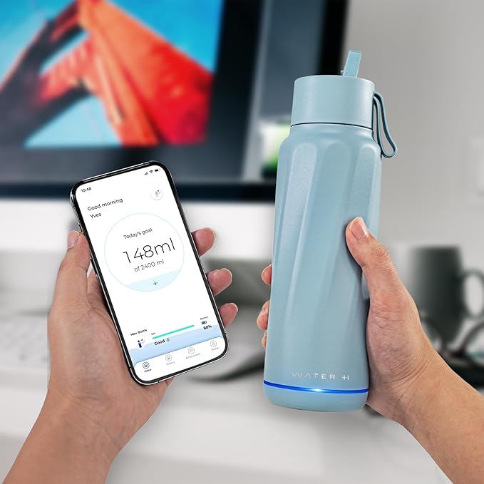 Insulated Smart Water Bottles with Straw, Intake Tracker, Water Safety Analyzer, LED Reminder, BPA Free, 18 oz Double Wall Vacuum Stainless Steel Thermos (Flip Lid + Straw, Ivory White)