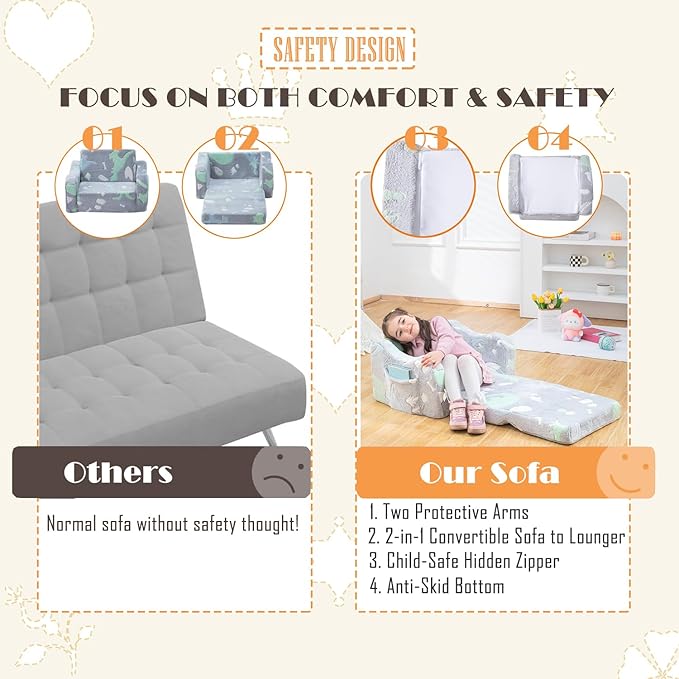 Baby Toddler Sofa Couch for Kids Foldable 2-in-1 Toddler Fold Out Couch Bed for Playroom Pull Out Children Convertible Sofa to Lounger Sleeper Chair for Boys & Girls with Side Pockets, Dinosaur