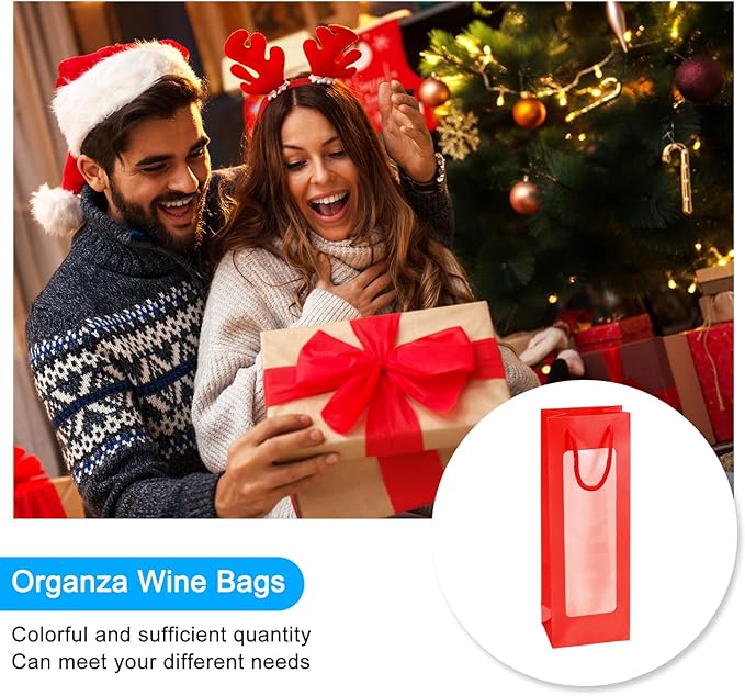 uxcell Wine Bags, 12pcs 4.92"x3.35"x14.2" Wine Gift Bags with Rope Handles, Paper Wine Tote Bag with Clear Window for Wedding Birthday Christmas Party Supplies, Red