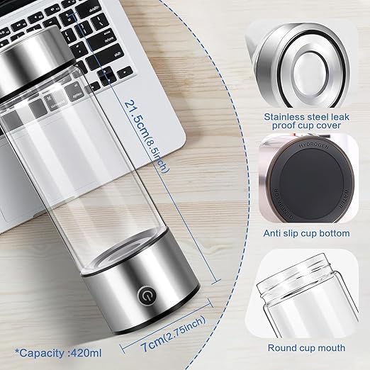 Hydrogen Water Bottle, Hydrogen Water, Portable Hydrogen Water Machine, Hydrogen Water Bottle Generator, Hydrogen Water Ionizer Glass Health Cup (Silver)