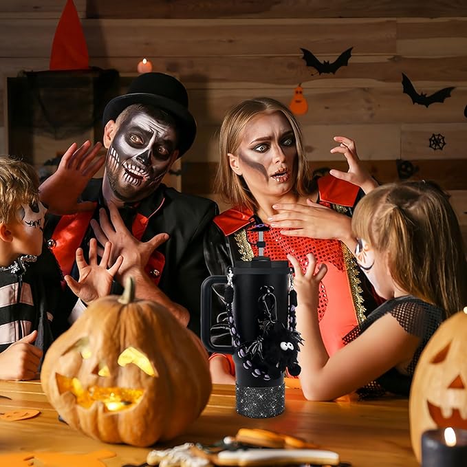 BELSITA Stanley Cup Accessories Set, Black Bird Chain Braided Design Water Bottle Handle Strap, Black Glitter Silicone Stanley Cup Boot, Stanley Charms for Stanley Cup 30/40oz Tumble (Halloween 2)