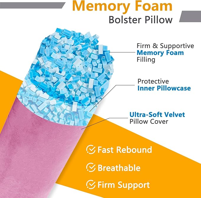 Body Pillow, Memory Foam Body Pillows for Adults Sleeping, Decorative Bolster Pillow for Bed & Couch, Long Cylinder Tube Round Pillow, 24x7.87 Inches, Set of 2 (Purple)