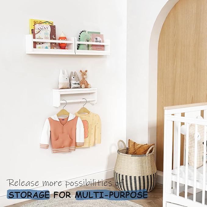 White Nursery Floating Bookshelves for Kids Room Wall Decor, Montessori Bookshelf and Corner Book Shelves for Bedroom, Spice Rack Shelf Organizer for Cabinet Small Spaces (Set of 3)