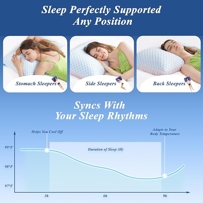 Cooling Pillows Standard Size Set of 2, Shredded Memory Foam Pillow Adjustable Bed Pillows Firm Pillow with Removable Washable Cover and Extra Filling Pack