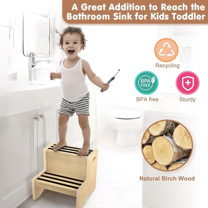 Natural Wooden Step Stool for Kids Toddler Non-Slip Sturdy Two Step Stools with Handles Non-Slip Pads for Child Kids Toddler Kitchen Counter Helper Bathroom Toilet Bed Potty Sink
