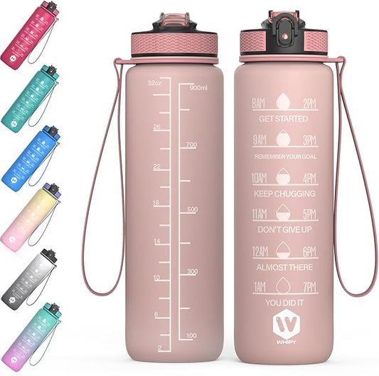 32 oz Water Bottle with Time Marker- Leak-Proof & BPA Free Reusable Gym Water Bottle - Easy to Carry Motivational Water Bottle for Fitness, Sports, Outdoor, Cycling, School & Office (Tan)