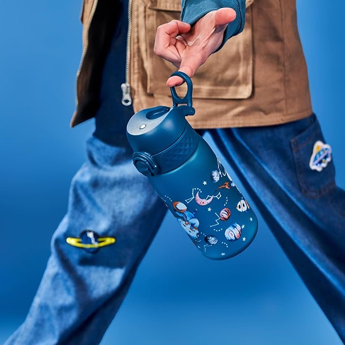 ION8 Small Water Bottle, 350 ml/12 oz, Leak Proof, Easy to Open, Secure Lock, Dishwasher Safe, BPA Free, Carry Handle, Flip Cover, Easy Clean, Odor Free, Carbon Neutral, Deep Teal, Space Travel Design