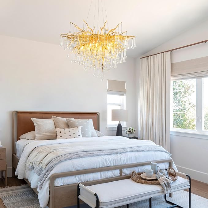 31.5 Inch Modern Crystal Chandeliers,10-Light Gold Tree Branch Chandelier Hanging Light Fixtures,Raindrop Chandeliers for Dining Room,Living Room