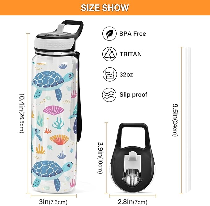 senya Rainbow Turtle Sport Water Bottle with Straw Tritan Clear Bottle for Outdoor Gym Travel