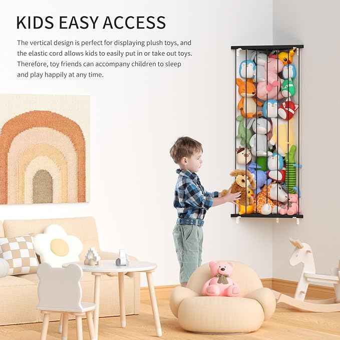 Stuffed Animal Storage Toy Organizer: Corner Stuff Animals Holder for Wall with LED Light - Kids Plush Toys Storage with Adjustable Length for Nursery Playroom Bedroom Kids Room(Black)