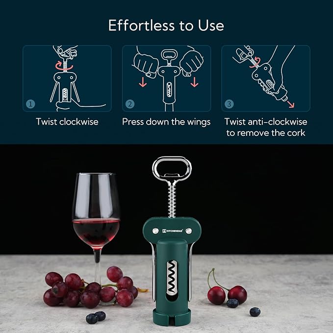 KITCHENDAO 3 in 1 Wing Corkscrew Wine Bottle Opener with Foil Cutter, Built-in Beer Bottle Opener, Multifunctional Wine Opener with Non-Stick Sharp Screw,Easy to Use, Manual Wine Corkscrew，Green