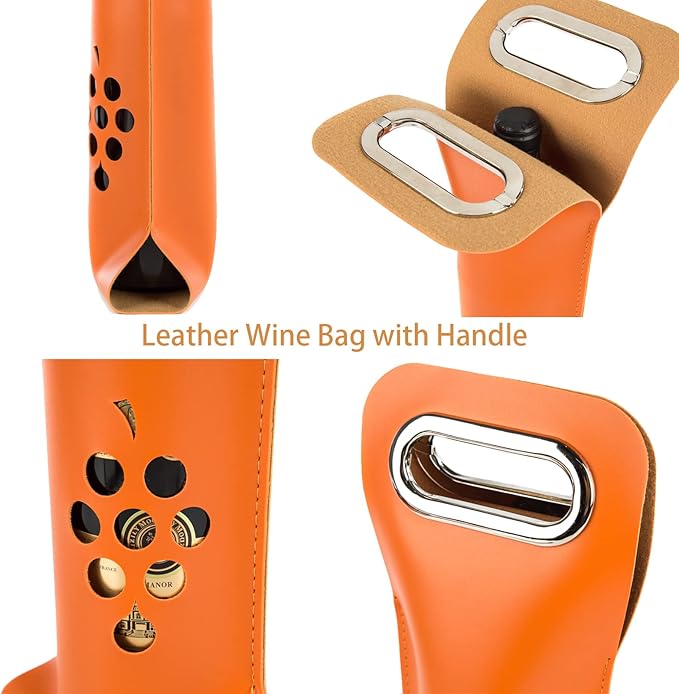 Leather Wine Bag with Handles Reusable Wine Carrier Bag Carrier Tote PU Leather Wine Gift Bag for Party Picnic Travel for Wine Lover Color Brown 1 Bottle, color brown- 1 bottle