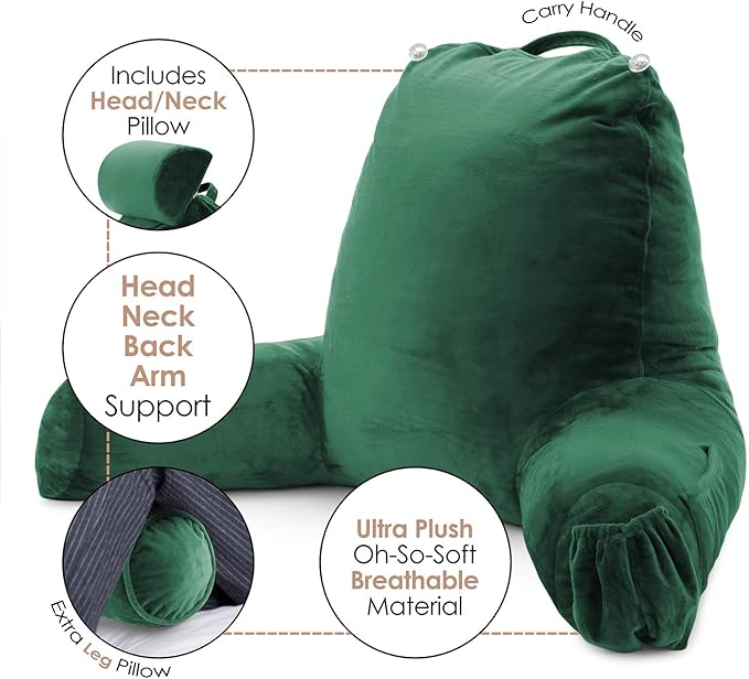 Nestl Reading Pillow Large Bed Pillow, Back Pillow for Sitting in Bed Shredded Memory Foam Chair Pillow, Reading & Bed Rest Pillows Dark Green Back Pillow for Bed, Bed Chair Arm Pillow with Pockets