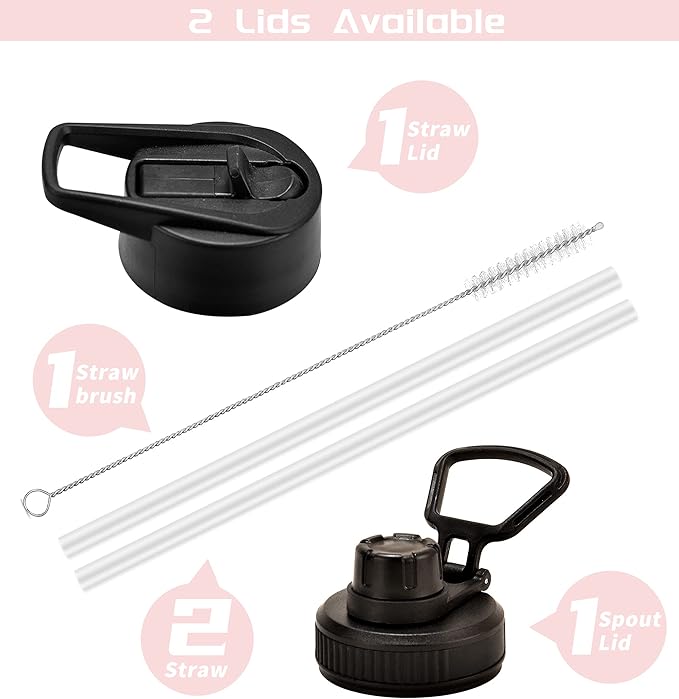 Farsea Insulated Water Bottle with Straw Lid & Spout Lid & Paracord Handle, Stainless Steel Water Bottle Wide Mouth, Double Wall Sweat-Proof BPA-Free, 40 oz, Pink