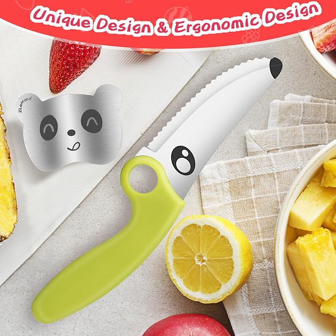 Kids Knife Set for Real Cooking 3 Pieces Set with Educational Ring, Rounded Tip, Toddler Safe Montessori Knife for Cutting Training
