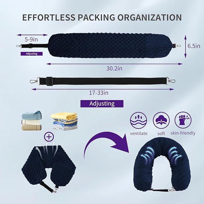 Stuffable Travel Pillow for Extra Luggage, Travel Neck Pillow Stuffable with Clothes, Stuffable Neck Pillow for Travel, Velvet Travel Neck Pillow Storage Bag, Fillable Luggage Pillow (Dark Blue)