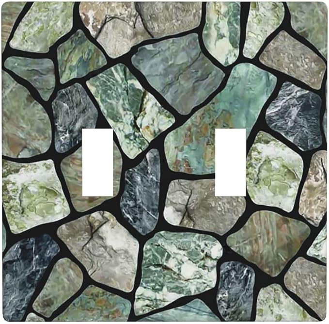 Green Stone Texture Double Toggle Light Switch Wall Plate Cover Decorative 2-Gang for Room Bathroom Bedroom Home Kitchen Two Lightswitch Polycarbonate 4.5" x 4.6"