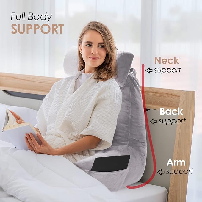 Nestl Reading Pillow Large Bed Pillow, Back Pillow for Sitting in Bed Shredded Memory Foam Chair Pillow, Reading & Bed Rest Pillows Grey Lavender Back Pillow for Bed, Bed Chair Arm Pillow with Pockets