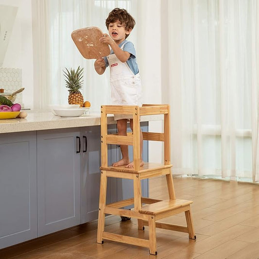 Kitchen Step Stool for Toddlers and Kids with Safety Rails for Kitchen Counter Solid Wood (Natural)