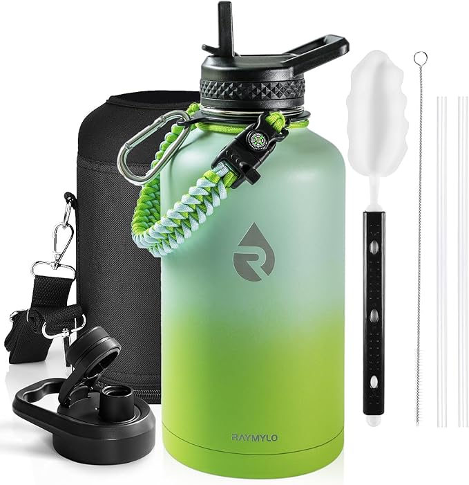 Insulated Water Bottle 64 oz, Triple Wall Vacuum Stainless Steel (Cold for 48 Hrs), Leak Proof & Non-BPA, Half Gallon Water Flask Jug with Paracord Handle & Straw Spout Lids