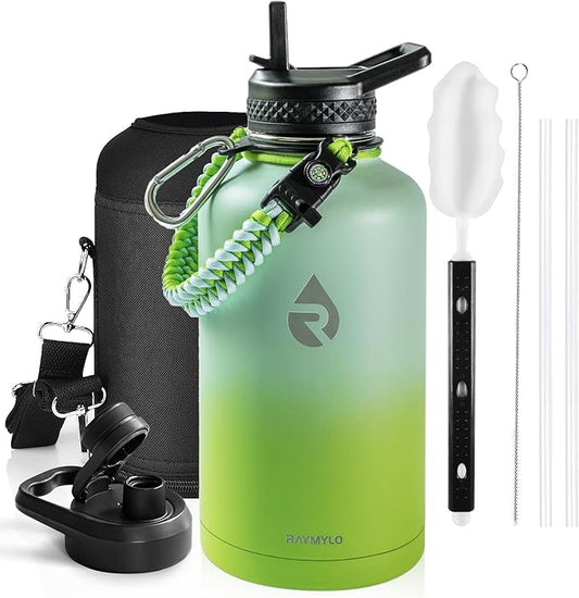 Insulated Water Bottle 64 oz, Triple Wall Vacuum Stainless Steel (Cold for 48 Hrs), Leak Proof & Non-BPA, Half Gallon Water Flask Jug with Paracord Handle & Straw Spout Lids