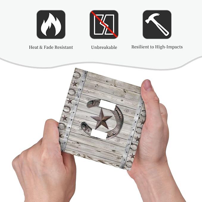 Rustic Western Wood Barn Door Horseshoe Iron Star Double Toggle Light Switch Covers 2 Gang Wall Plate Dual Decorative Switchplate Electrical Faceplate for Farmhouse Country Bedroom Decor