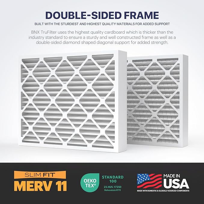 BNX TruFilter 20x25x4 (19.5’’ x 24.5’’ x 3.63‘’ Slim Fit) MERV 11 Air Filter 2-Pack - MADE IN USA - Air Conditioner Furnace Filters HVAC AC Furnace Filters for Allergy Dust, Pet, Mold, MPR 1200 FPR 7