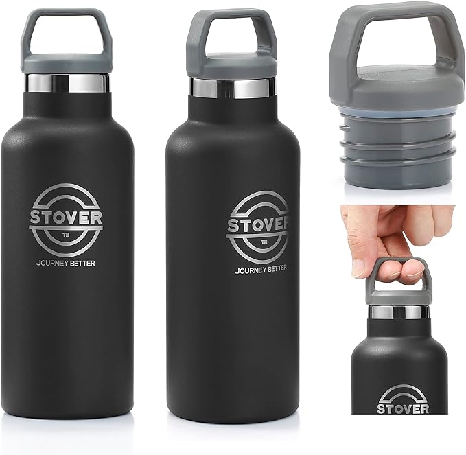 STOVER Insulated Water Bottle, 16oz Stainless Steel Double Wall Vacuum Wide Mouth Leakproof Twist Lid, Ideal for Sports, Travel & Daily Use (Black)