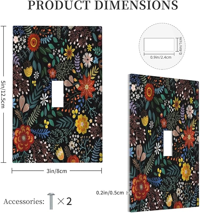 Vintage Colorful Flower Boho Floral Rustic Dark Leaves 1 Gang Light Switch Covers Single Toggle Wall Plate Decorative Switchcover Electrical Switchplate for Farmhouse Country Bedroom Decor