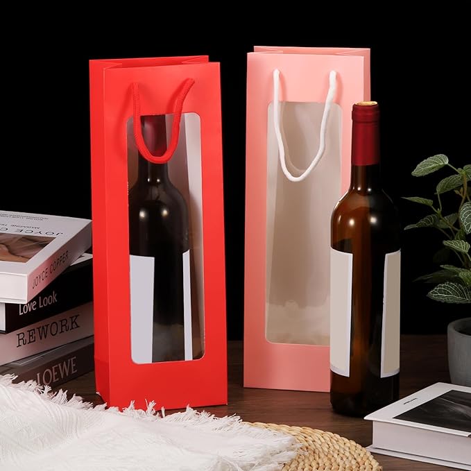 uxcell Wine Bags, 12pcs 4.92"x3.35"x14.2" Wine Gift Bags with Rope Handles, Paper Wine Tote Bag with Clear Window for Wedding Birthday Christmas Party Supplies, Wood