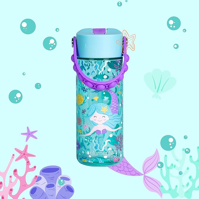 Elemental Leak Proof Water Bottles for Kids - Splash Kids Water Bottle for School with Fun Fidget Pop-it Handle - BPA Free Tritan Plastic Reusable Water Bottle with Straw - Mermaid - 18oz