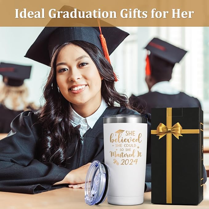 Lifecapido Graduation Gifts, Masters Degree Graduation Gifts, College Graduation Gifts for Her, Graduation 20oz Insulated Tumbler, Inspirational Gifts with Key Chain for Women Sister Friends, White