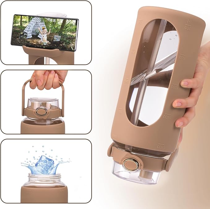 Moretoes 64oz Glass Water Bottle, Glass Bottle with Silicone Sleeve and Time Marker for Gym Home Office (Amber)