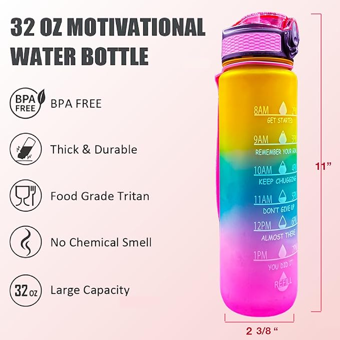 Yaa Fresh Water Bottles, 32oz Motivational Sports Water Bottle with Time Marker-Times to Drink-Tritan, BPA Free, Leakproof water bottle (1 Pack) (Pink-Green-Yellow)