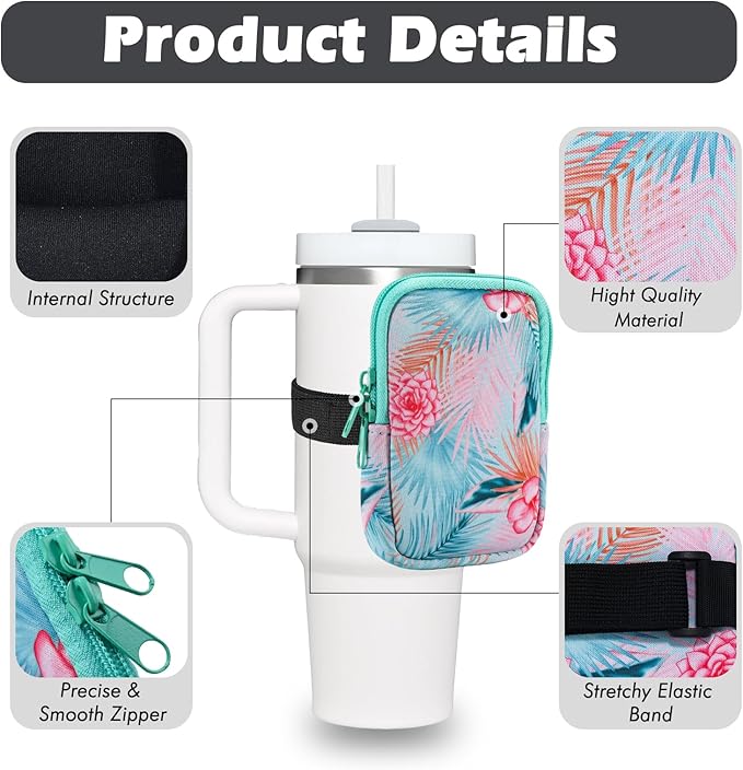 Water Bottle Pouch Cup Accessories for Women Quencher Adventure IceFlow 20oz 30oz 40oz Tumbler Pouch with Handle Running Pouch Bag for Cards Keys(Green Flower)