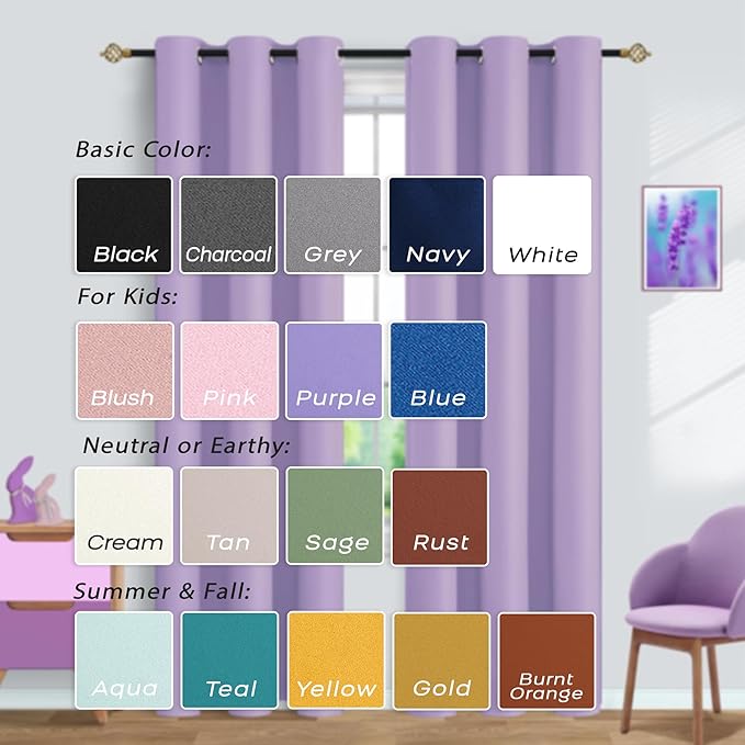 Mrs.Naturall Light Purple Curtains for Girls Bedroom,Lavender Lilac Blackout Short Curtains for Kids Room 2 Panels,45 Inch Length