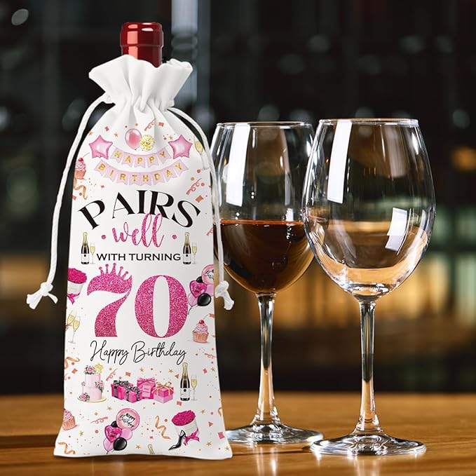 70th Birthday Gifts for Women Men Wine Bag, 70 Year Old Birthday Gifts for Woman Man, 70th Birthday Party Decorations Men for Women, Pairs Well with Turning 70 Wine Bags (White Pink)