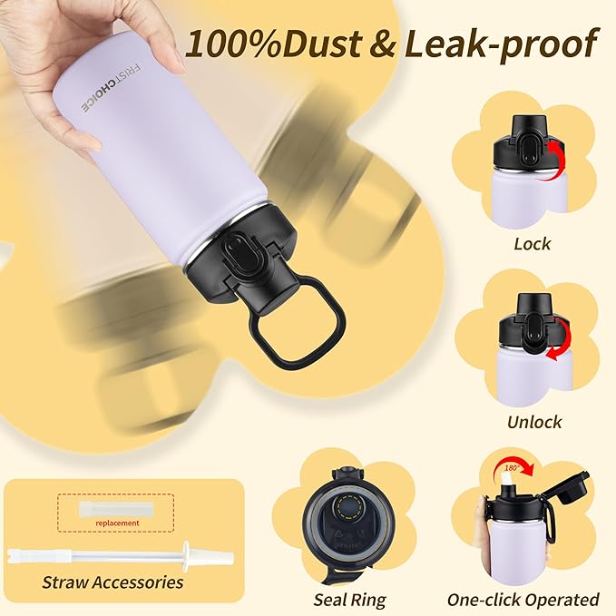 Kids Insulated Water Bottle with Straw,14oz Stainless Steel Water Bottle,BPA-free and Leak-proof,Double Wall Vacuum Water Flask for School,Gifts for Boys and Girls（14oz,Lavender）