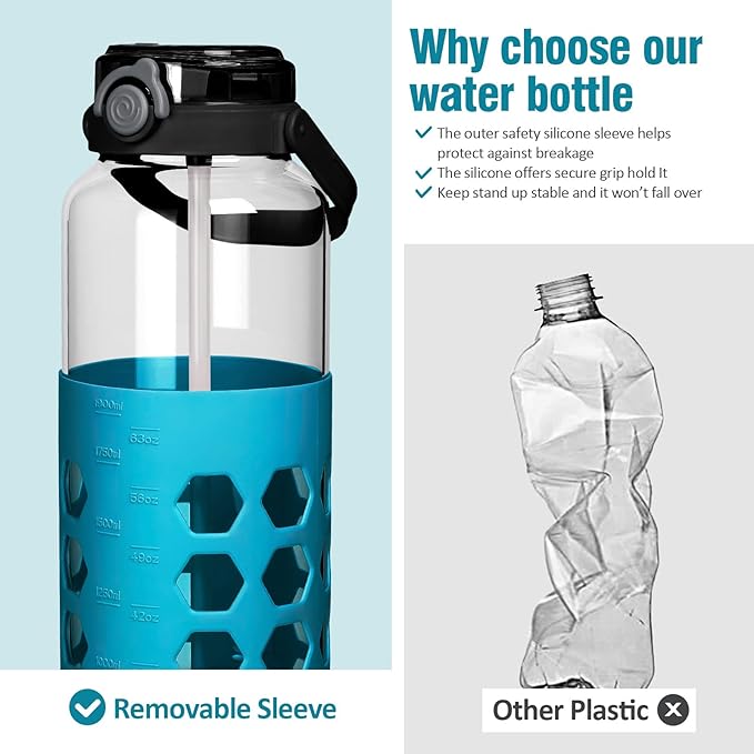 MUKOKO Half Gallon/64 oz Glass Water Bottles with Straw and Lid,Motivational Water Jug with Time Marker Reminder and Silicone Sleeve,100% Leakproof BPA Free Fitness Sports Large Bottle-Teal