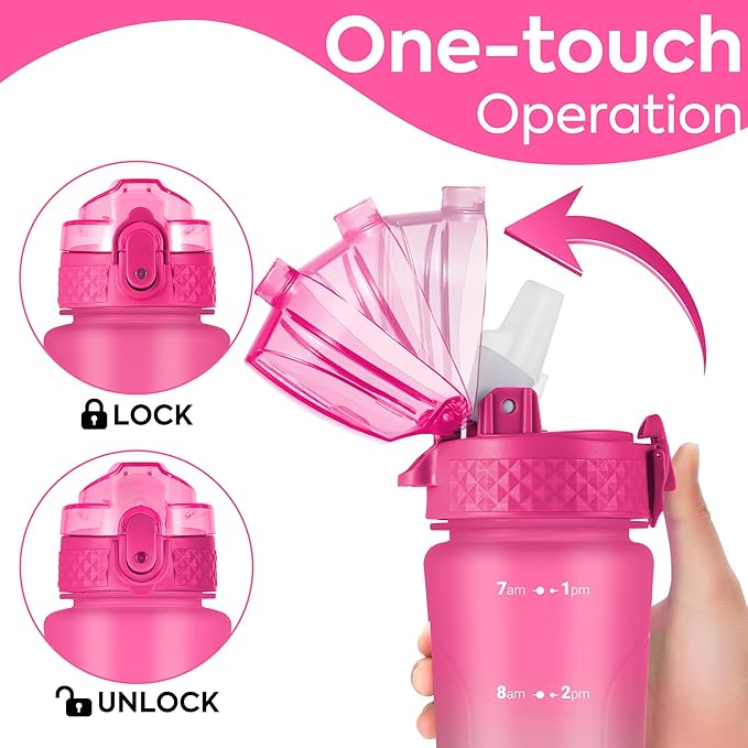 OLDLEY Kids Water Bottle for School with Straw Chug Lid, 15 oz Unbreakable Leak-Proof BPA-Free Motivational Water Bottles with Time Marker for Travel Sports Gym, 2 Lids,Rose-Red Green