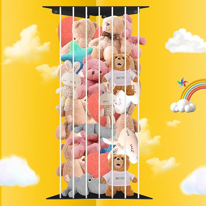 Toy Storage Organizer Corner Stuffed Animal Plush Toy Storage Kids Room Holder with Length Adjustable Large Toys Wall Hanging Shelf for Nursery Playroom Bedroom Sturdy Metal Black