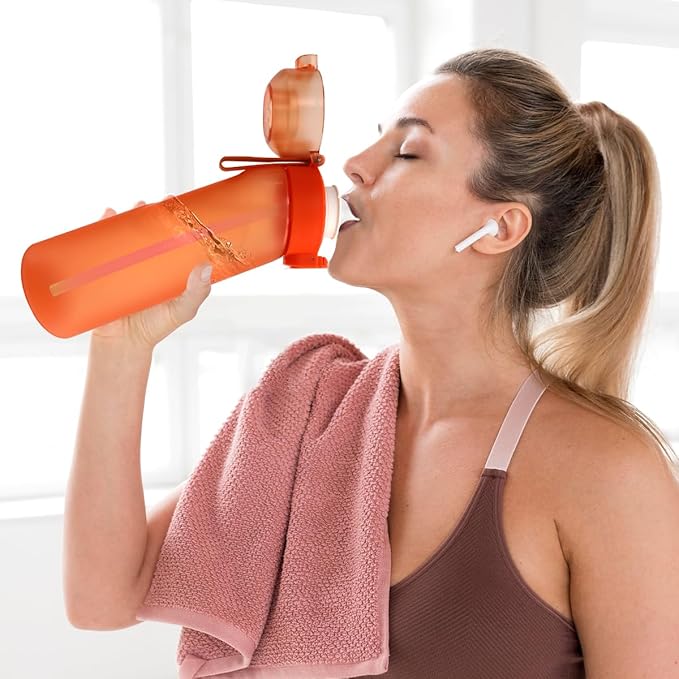 Water Bottle with Flavor Pods 21.9 Oz/650ml Fruit Fragrance Water Bottle Recyclable Sports Air Water Cup Scented Pods for Outdoor (Orange)