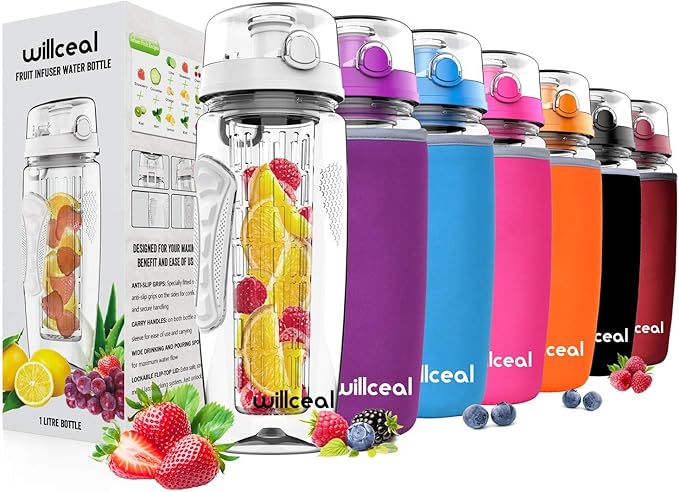 Fruit Infuser Water Bottle 32oz- Durable, Large - BPA Free Tritan, Flip Lid, Leak Proof Design - Sports, Camping