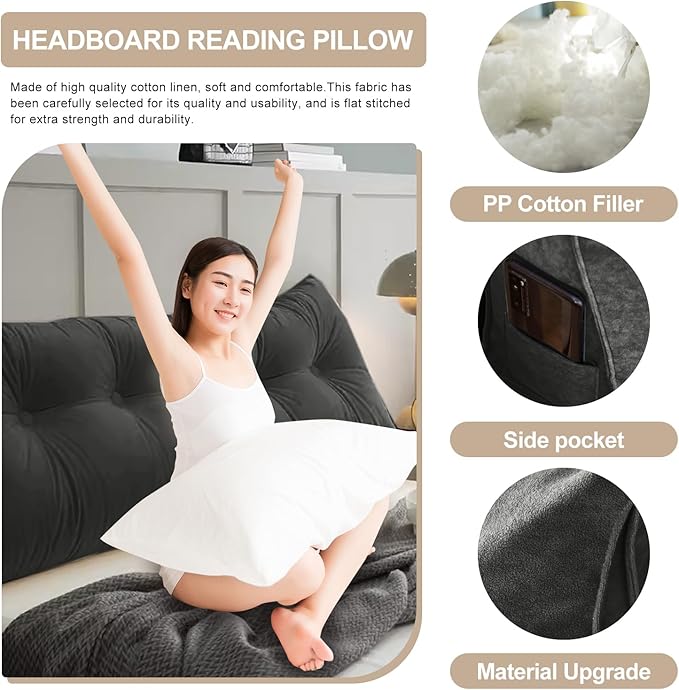 Large Triangular Headboard Pillows Long Backrest Positioning Support Bolster Cushion for Daybed Fluffy Quality Plush Body Wedge Pillow with Removable Cover(Black-King-76x8x20in)