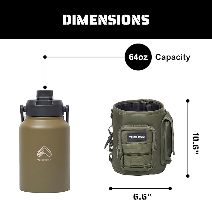 TRIBE WOD Tactical Water Bottle - 64 oz - Outdoor Military Water Bottles Stainless Steel - Double-Wall Jug with Rugged Strap and Removable Sleeve for Keys, Wallet, Phone (Military Olive)