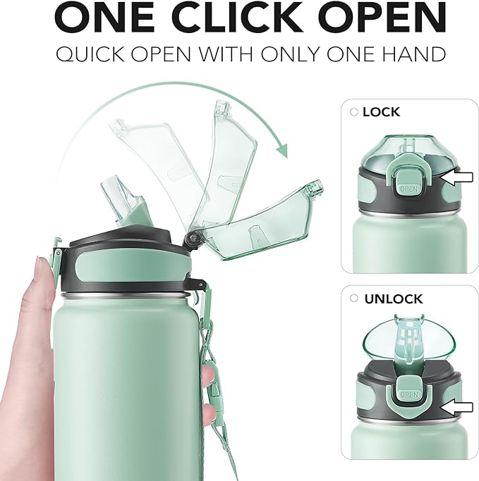 Enerbone Insulated Water Bottle, 32 oz Stainless Steel Water Bottles with Carrying Strap, Double-Wall Vacuum Insulation Thermos, Leakproof Sports Bottle with Straw, Keep Drinks Hot or Cold for Hours