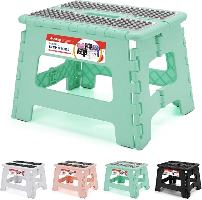ACSTEP 9 Inch Folding Step Stool 300 LB Capacity Non Slip Foot Stool with Handle Plastic Foldable Step Stools for Kids Stepping Stool for Bathroom Black Small Step Stool (1 PC Teal)